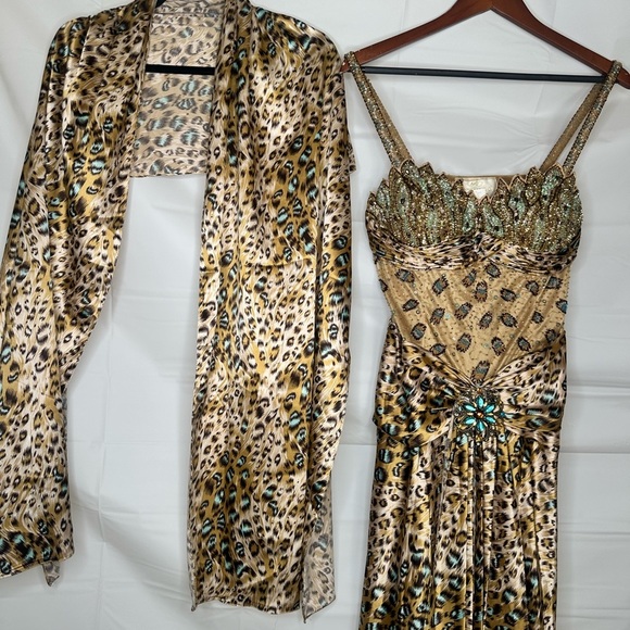 Y2K Vintage Aspeed USA Leopard Print Turquoise Accent Beaded A Line Gown size L - Picture 3 of 16